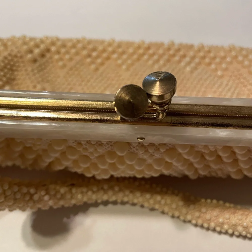 Vintage Hong Kong Beaded Evening Bag Ivory Pearl Top Handle Purse